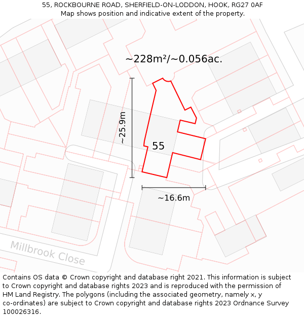 55, ROCKBOURNE ROAD, SHERFIELD-ON-LODDON, HOOK, RG27 0AF: Plot and title map