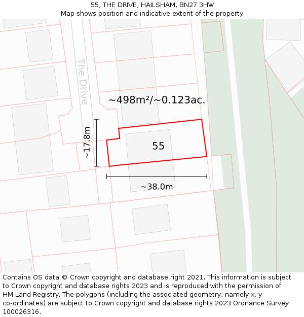 55, THE DRIVE, HAILSHAM, BN27 3HW: Plot and title map