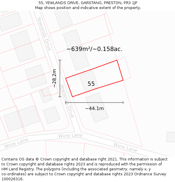 55, YEWLANDS DRIVE, GARSTANG, PRESTON, PR3 1JP: Plot and title map