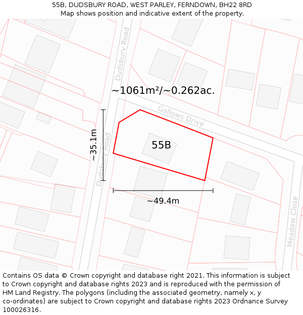 55B, DUDSBURY ROAD, WEST PARLEY, FERNDOWN, BH22 8RD: Plot and title map