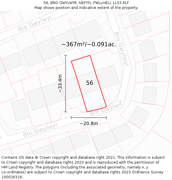 56, BRO GWYLWYR, NEFYN, PWLLHELI, LL53 6LF: Plot and title map