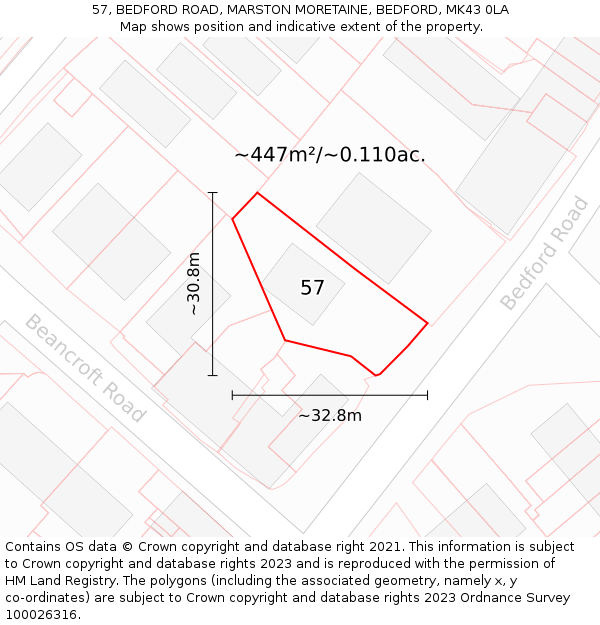 57, BEDFORD ROAD, MARSTON MORETAINE, BEDFORD, MK43 0LA: Plot and title map