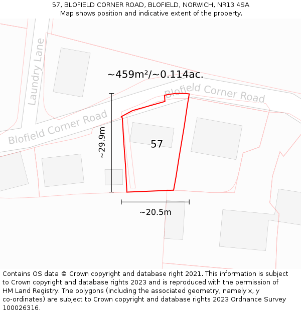 57, BLOFIELD CORNER ROAD, BLOFIELD, NORWICH, NR13 4SA: Plot and title map