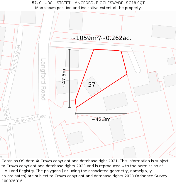 57, CHURCH STREET, LANGFORD, BIGGLESWADE, SG18 9QT: Plot and title map