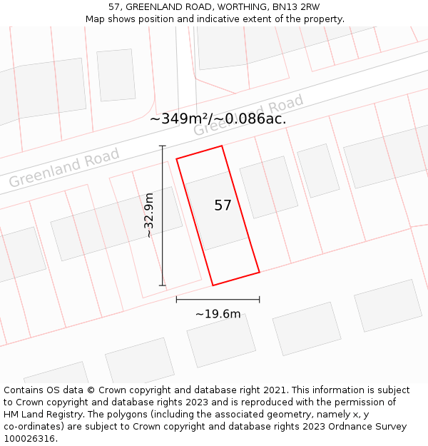 57, GREENLAND ROAD, WORTHING, BN13 2RW: Plot and title map