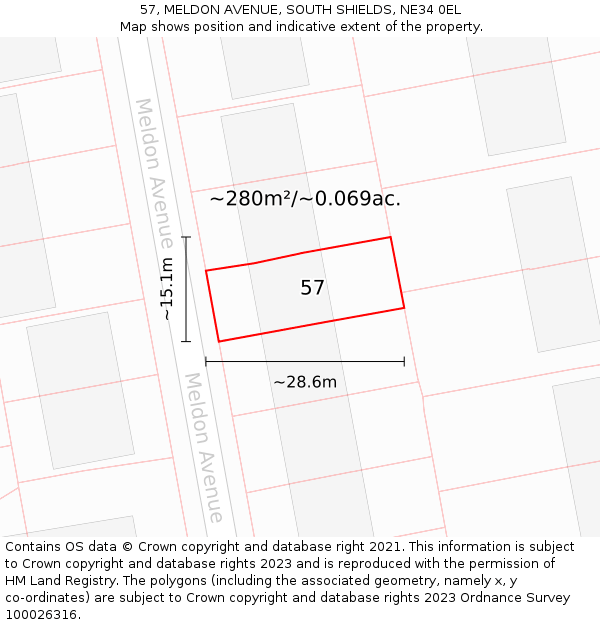 57, MELDON AVENUE, SOUTH SHIELDS, NE34 0EL: Plot and title map