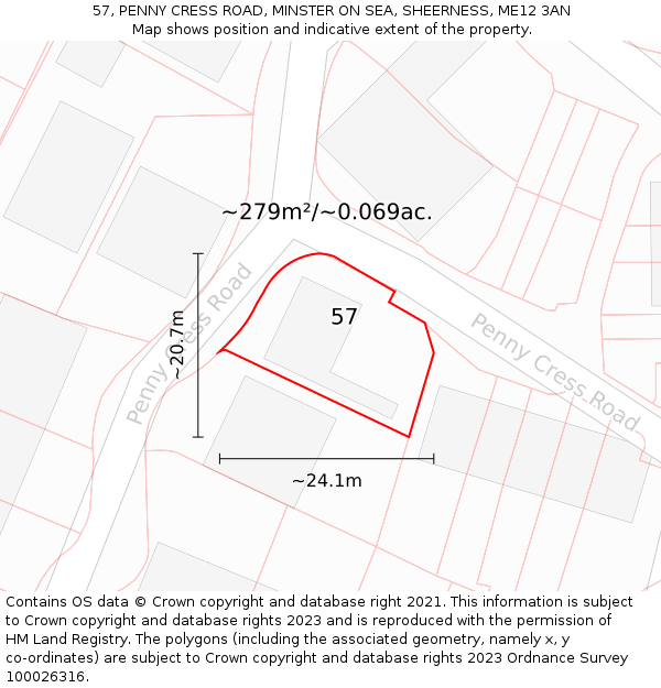 57, PENNY CRESS ROAD, MINSTER ON SEA, SHEERNESS, ME12 3AN: Plot and title map