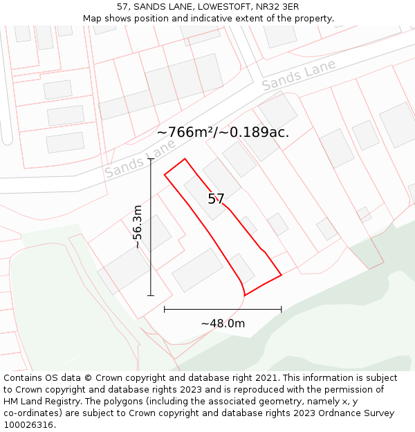 57, SANDS LANE, LOWESTOFT, NR32 3ER: Plot and title map