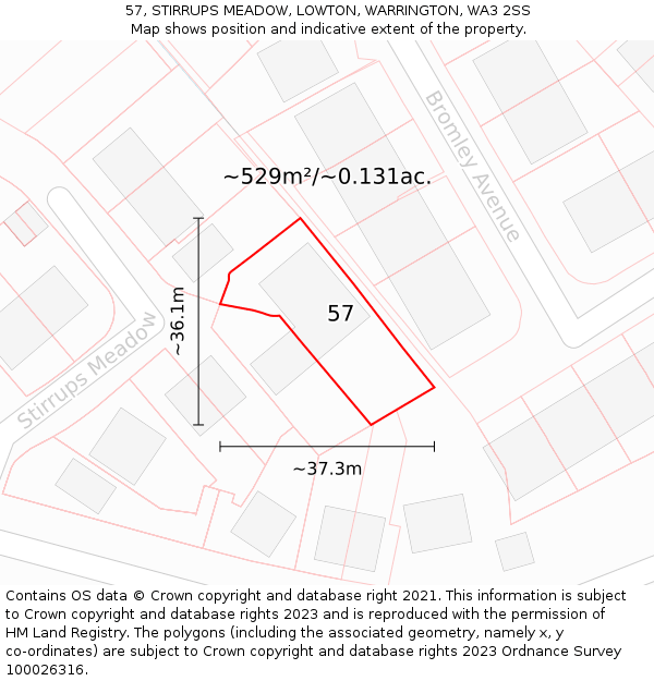 57, STIRRUPS MEADOW, LOWTON, WARRINGTON, WA3 2SS: Plot and title map