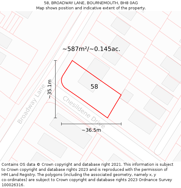 58, BROADWAY LANE, BOURNEMOUTH, BH8 0AG: Plot and title map