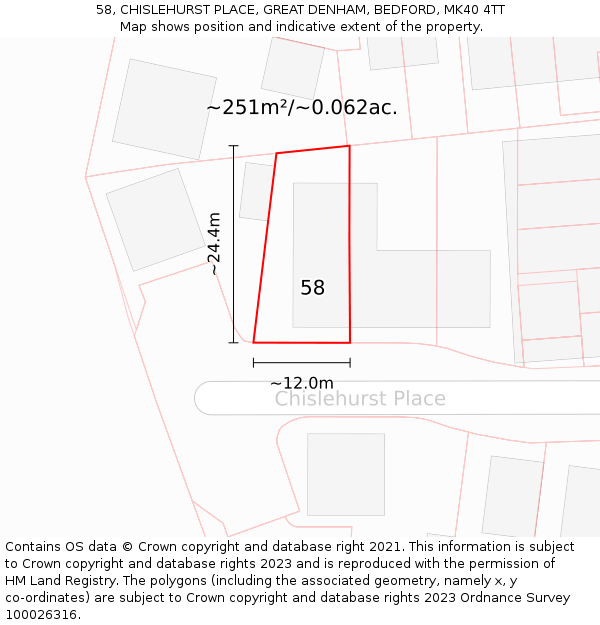 58, CHISLEHURST PLACE, GREAT DENHAM, BEDFORD, MK40 4TT: Plot and title map