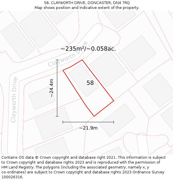 58, CLAYWORTH DRIVE, DONCASTER, DN4 7RQ: Plot and title map