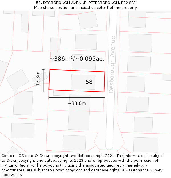 58, DESBOROUGH AVENUE, PETERBOROUGH, PE2 8RF: Plot and title map