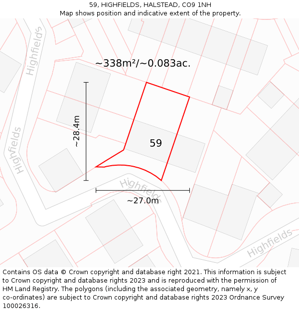 59, HIGHFIELDS, HALSTEAD, CO9 1NH: Plot and title map