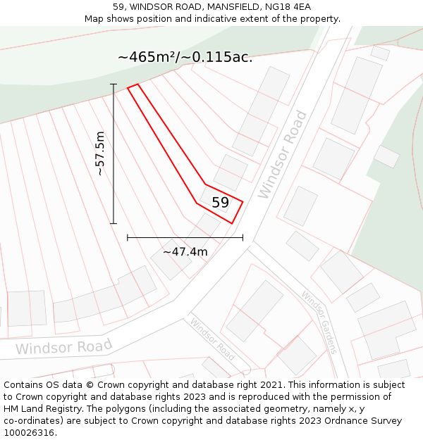 59, WINDSOR ROAD, MANSFIELD, NG18 4EA: Plot and title map