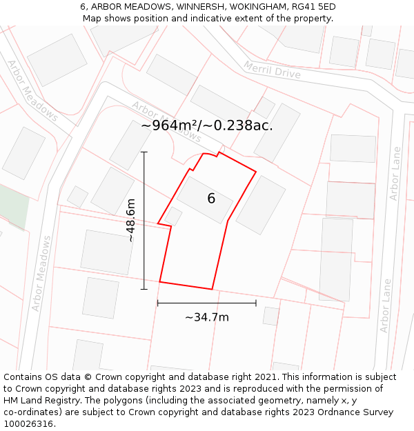 6, ARBOR MEADOWS, WINNERSH, WOKINGHAM, RG41 5ED: Plot and title map