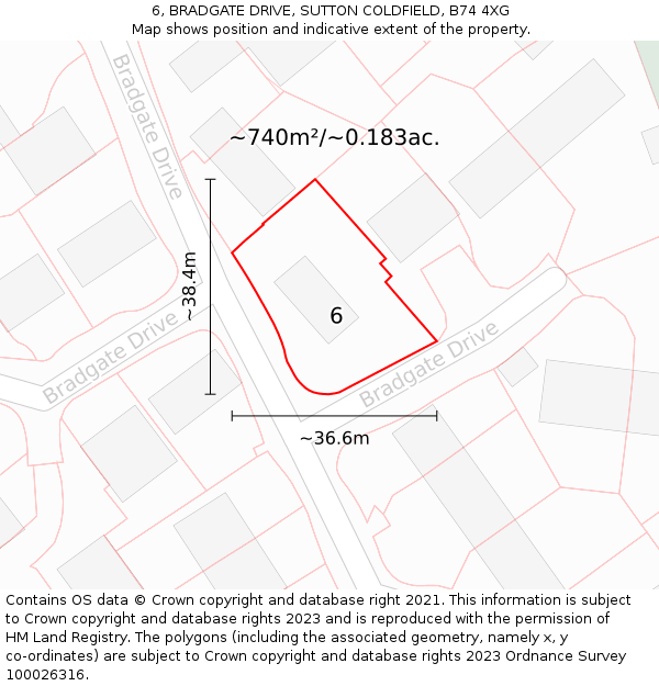 6, BRADGATE DRIVE, SUTTON COLDFIELD, B74 4XG: Plot and title map