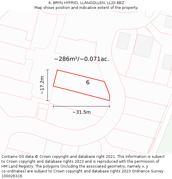 6, BRYN HYFRYD, LLANGOLLEN, LL20 8BZ: Plot and title map