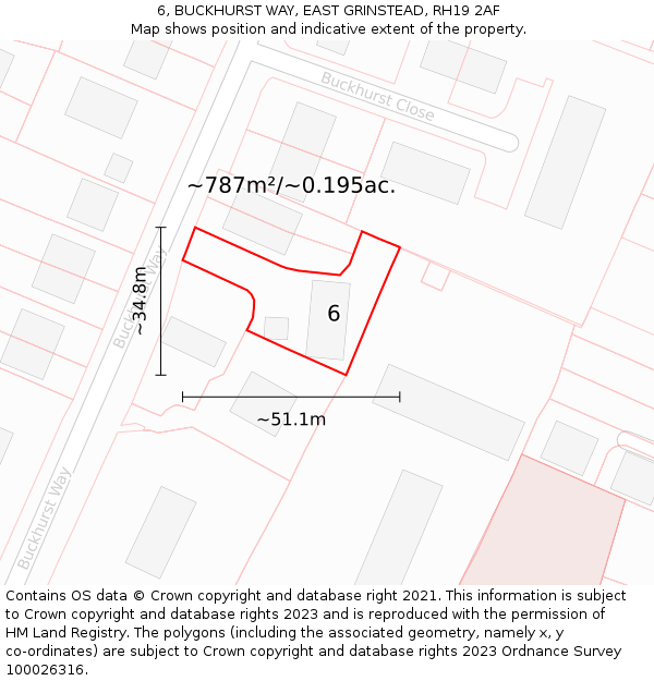 6, BUCKHURST WAY, EAST GRINSTEAD, RH19 2AF: Plot and title map