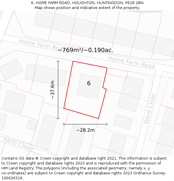 6, HOME FARM ROAD, HOUGHTON, HUNTINGDON, PE28 2BN: Plot and title map