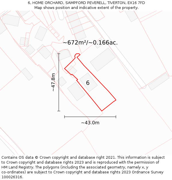 6, HOME ORCHARD, SAMPFORD PEVERELL, TIVERTON, EX16 7FD: Plot and title map