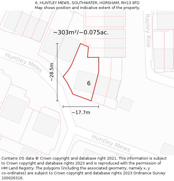 6, HUNTLEY MEWS, SOUTHWATER, HORSHAM, RH13 9FD: Plot and title map