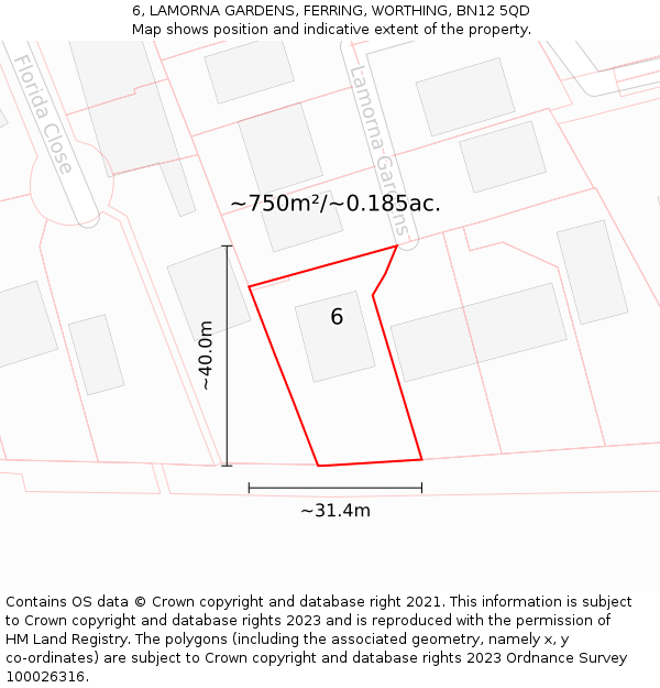 6, LAMORNA GARDENS, FERRING, WORTHING, BN12 5QD: Plot and title map