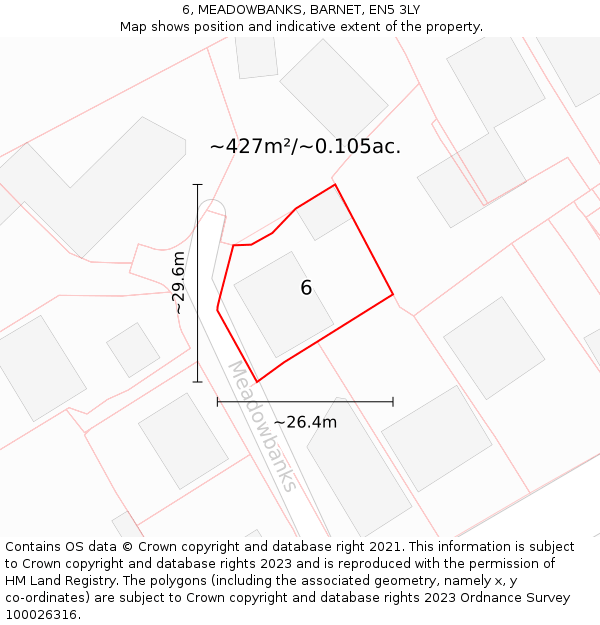 6, MEADOWBANKS, BARNET, EN5 3LY: Plot and title map