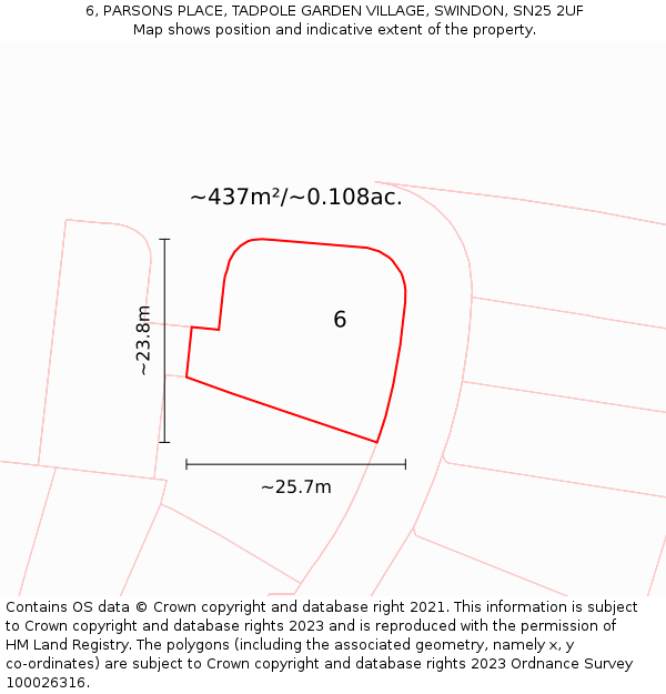 6, PARSONS PLACE, TADPOLE GARDEN VILLAGE, SWINDON, SN25 2UF: Plot and title map