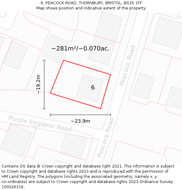 6, PEACOCK ROAD, THORNBURY, BRISTOL, BS35 1FF: Plot and title map