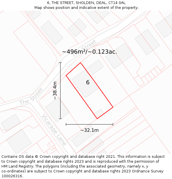 6, THE STREET, SHOLDEN, DEAL, CT14 0AL: Plot and title map