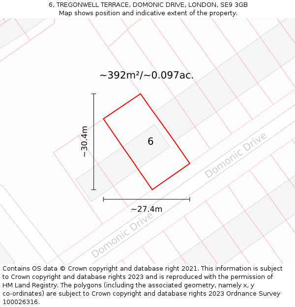 6, TREGONWELL TERRACE, DOMONIC DRIVE, LONDON, SE9 3GB: Plot and title map