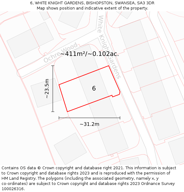 6, WHITE KNIGHT GARDENS, BISHOPSTON, SWANSEA, SA3 3DR: Plot and title map