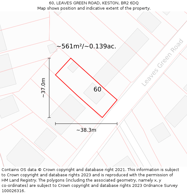 60, LEAVES GREEN ROAD, KESTON, BR2 6DQ: Plot and title map