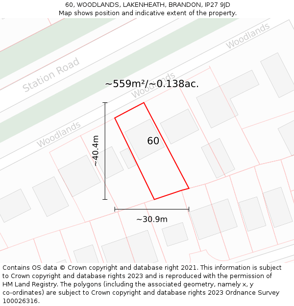 60, WOODLANDS, LAKENHEATH, BRANDON, IP27 9JD: Plot and title map