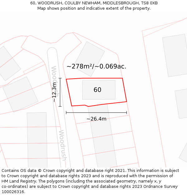 60, WOODRUSH, COULBY NEWHAM, MIDDLESBROUGH, TS8 0XB: Plot and title map