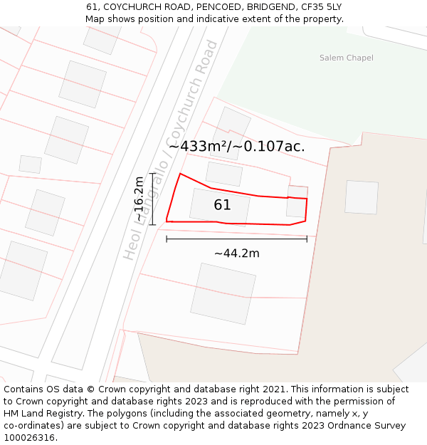 61, COYCHURCH ROAD, PENCOED, BRIDGEND, CF35 5LY: Plot and title map