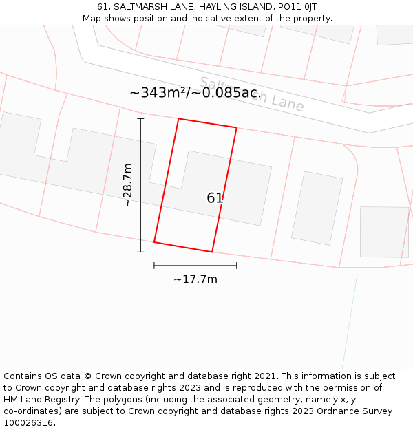 61, SALTMARSH LANE, HAYLING ISLAND, PO11 0JT: Plot and title map