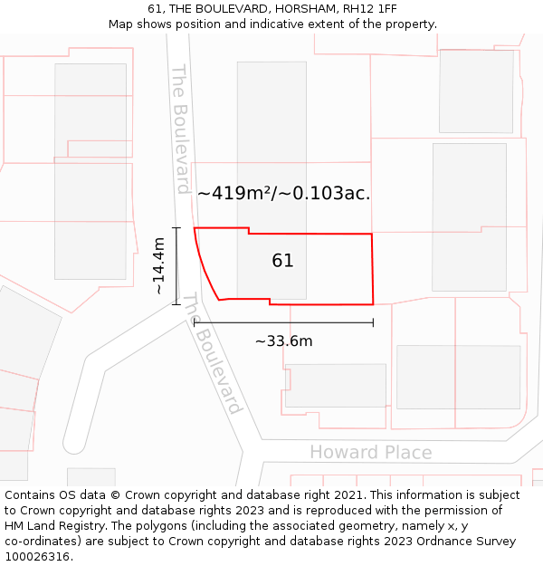 61, THE BOULEVARD, HORSHAM, RH12 1FF: Plot and title map