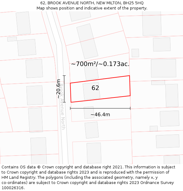 62, BROOK AVENUE NORTH, NEW MILTON, BH25 5HQ: Plot and title map