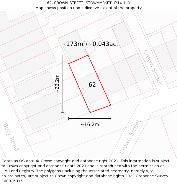 62, CROWN STREET, STOWMARKET, IP14 1HY: Plot and title map