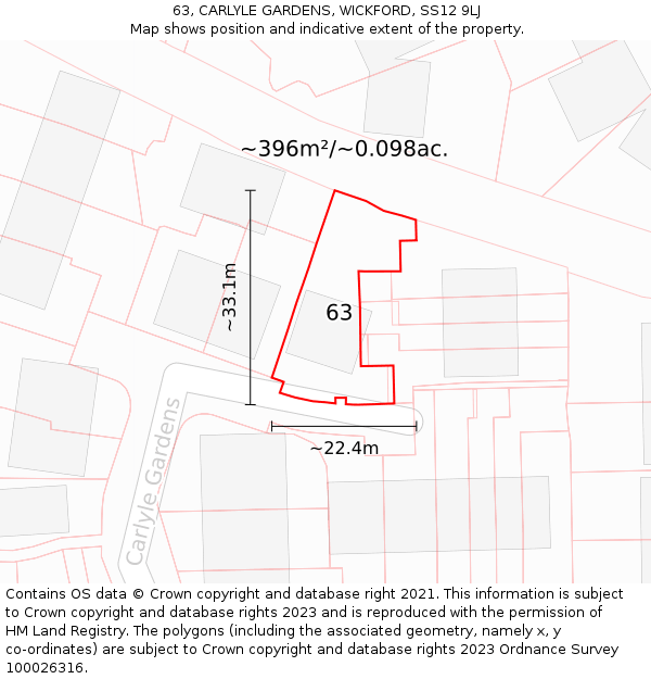 63, CARLYLE GARDENS, WICKFORD, SS12 9LJ: Plot and title map