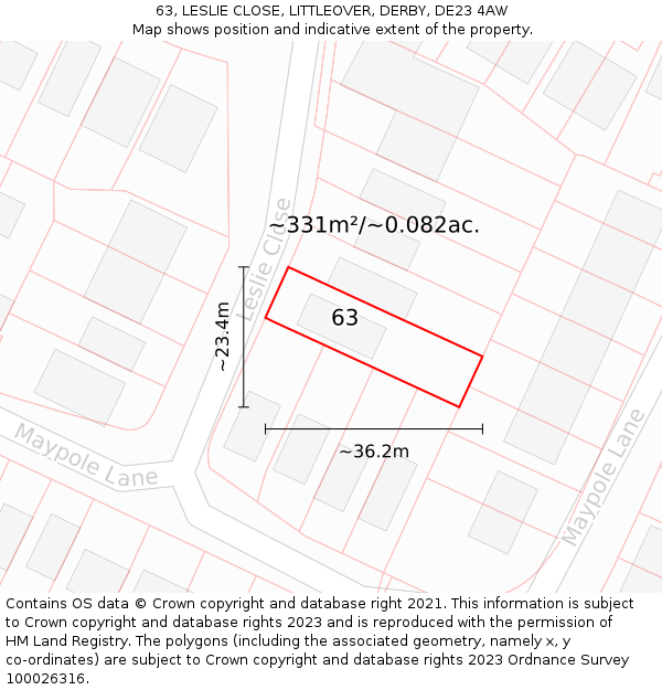 63, LESLIE CLOSE, LITTLEOVER, DERBY, DE23 4AW: Plot and title map