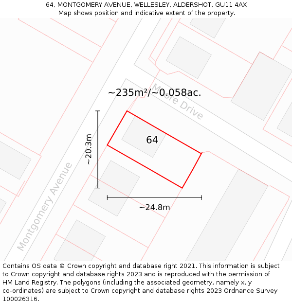 64, MONTGOMERY AVENUE, WELLESLEY, ALDERSHOT, GU11 4AX: Plot and title map