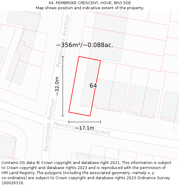 64, PEMBROKE CRESCENT, HOVE, BN3 5DE: Plot and title map