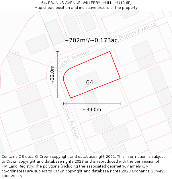 64, PRUNUS AVENUE, WILLERBY, HULL, HU10 6PJ: Plot and title map