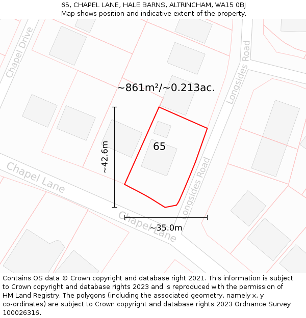 65, CHAPEL LANE, HALE BARNS, ALTRINCHAM, WA15 0BJ: Plot and title map