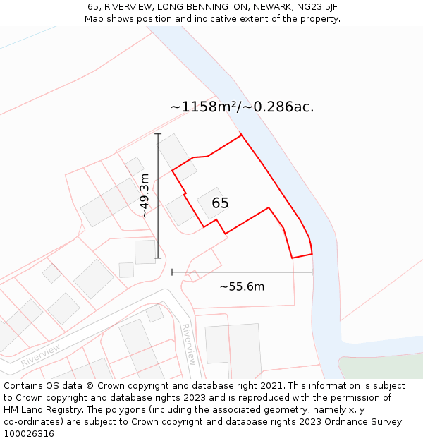 65, RIVERVIEW, LONG BENNINGTON, NEWARK, NG23 5JF: Plot and title map