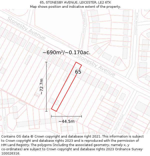 65, STONESBY AVENUE, LEICESTER, LE2 6TX: Plot and title map