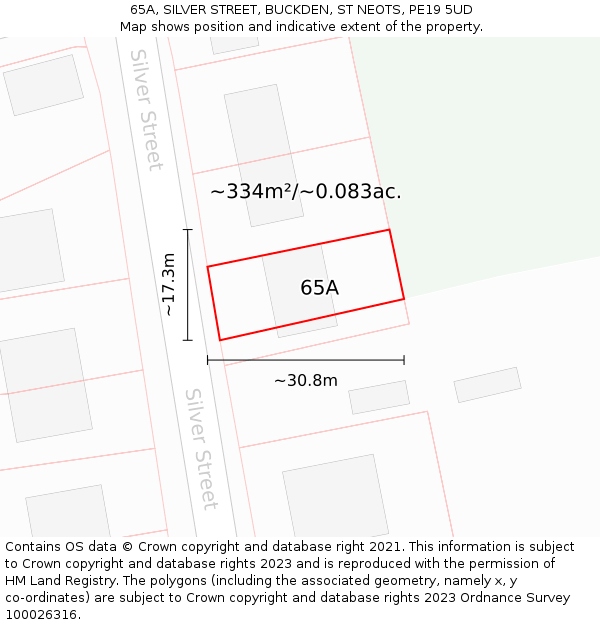 65A, SILVER STREET, BUCKDEN, ST NEOTS, PE19 5UD: Plot and title map